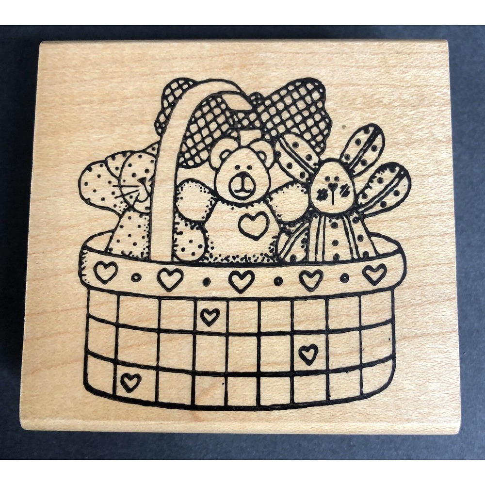 Finders Keepers Rubber Stamp Country Wooden Basket with Bears Wood Mounted